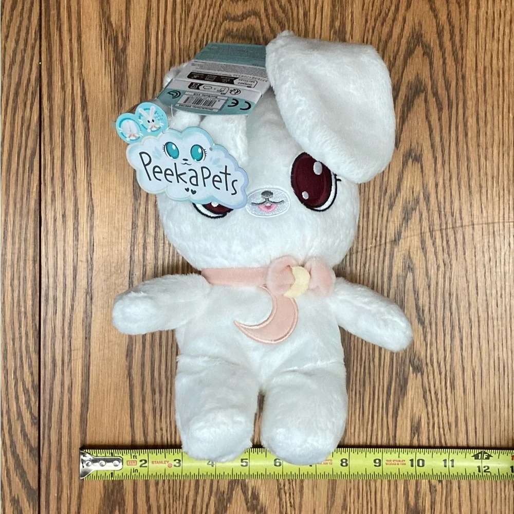 🌛🐰PeekaPets🐰🌜PEEK-A-BOO BUNNY PLUSH white w/peach ears/moon/bow tie✨NWT✨